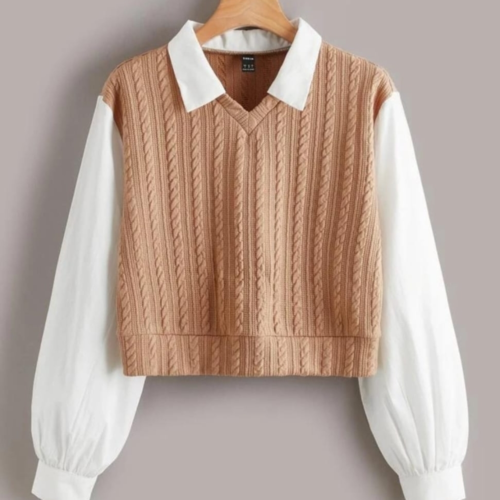 Women's Tan Cable Knit Sweater with White Sleeves
